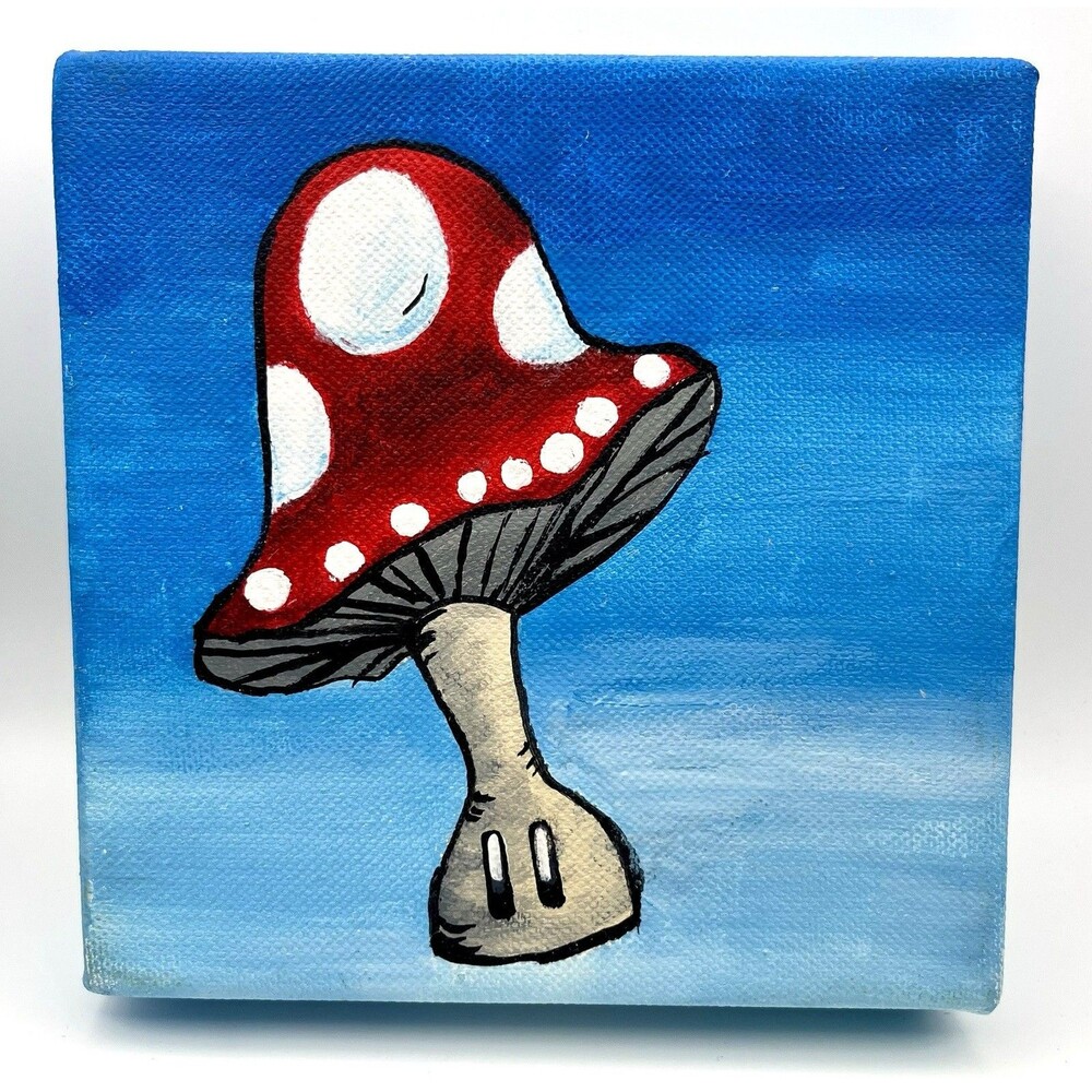 Mushroom Mario Oil Painting 6x6" Handmade Canvas